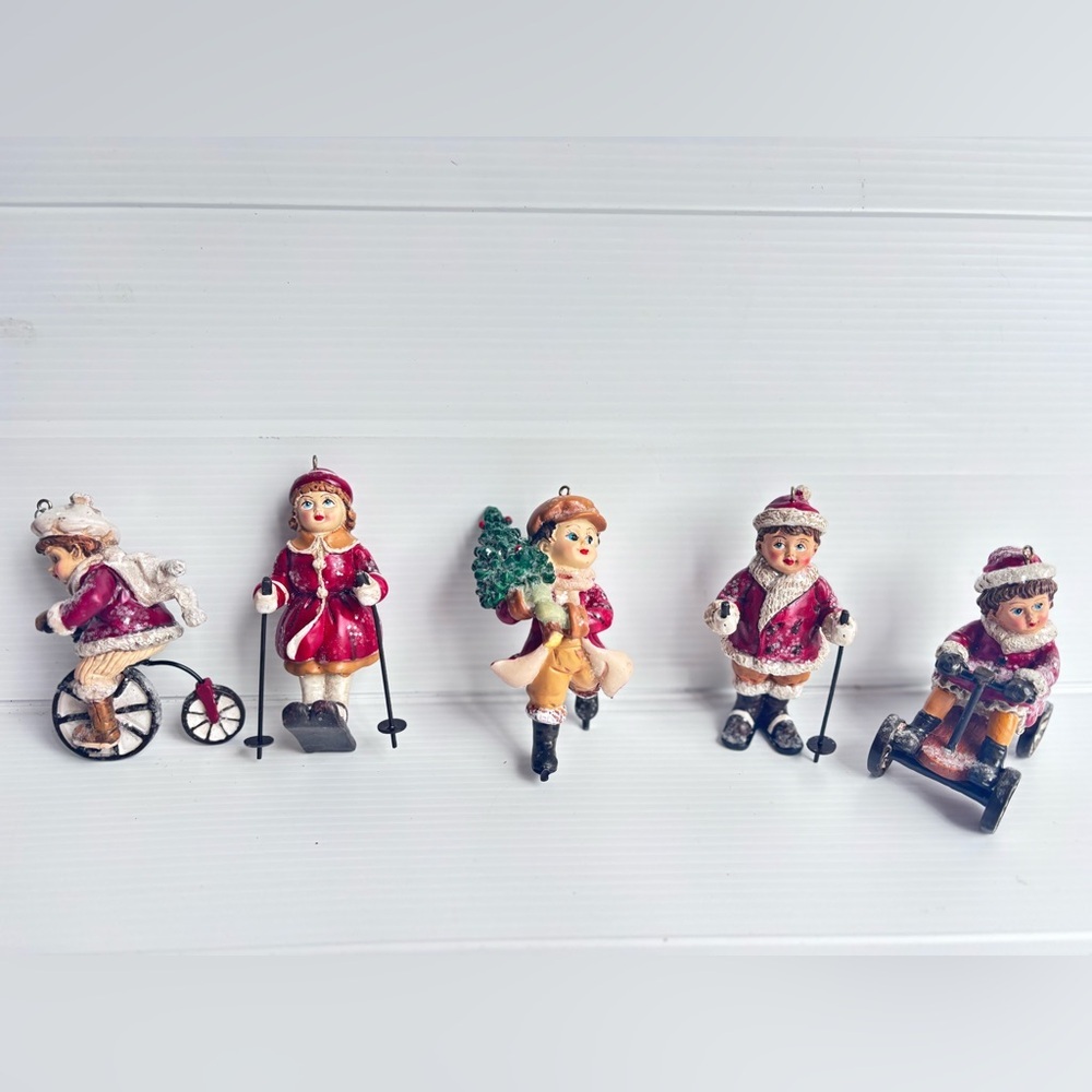 Vintage Ceramic Christmas Children Ornament Set of 5 Winter Ski Tree Toys